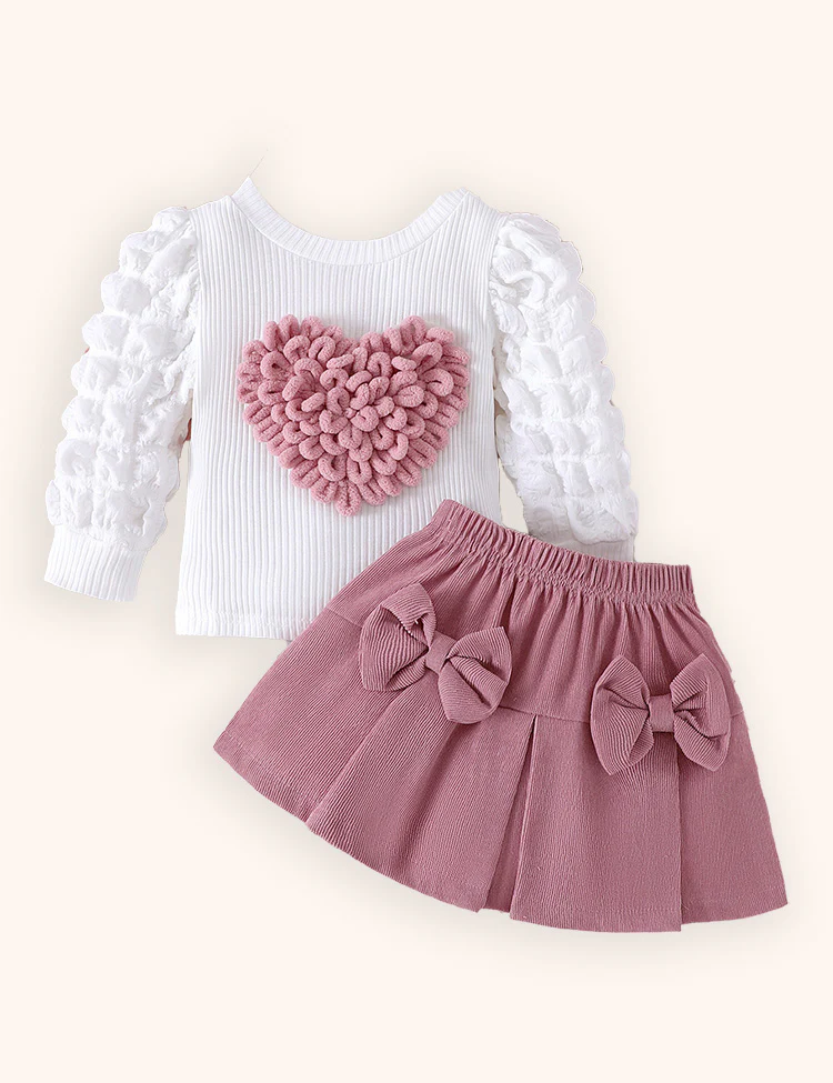 Valentine's Day Love Bubble Sleeve Top + Bow Skirt Set - Image 3