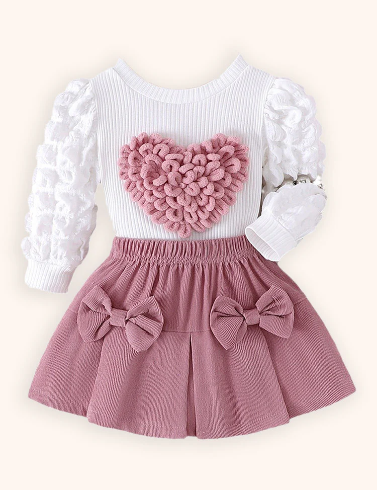 Valentine's Day Love Bubble Sleeve Top + Bow Skirt Set - Image 5