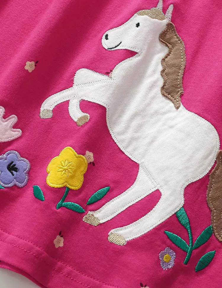 White Horse Appliqué Long Sleeve Flower Dotted Dress - Image 2